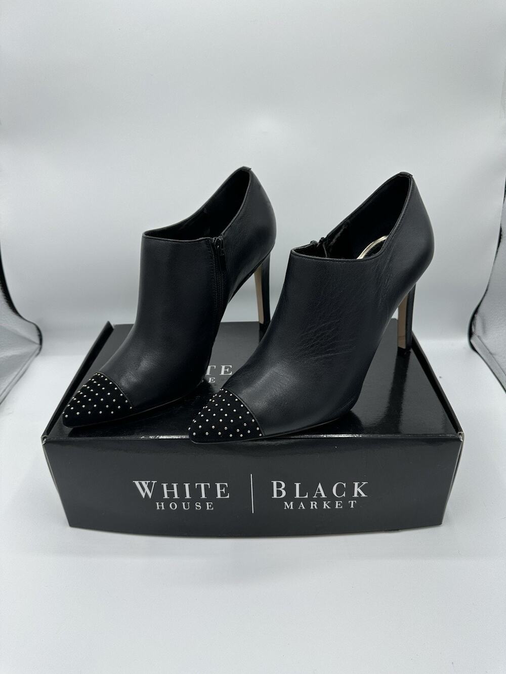 White House Black Market Black Leather Studded Toe Stiletto Ankle Booties, 10
